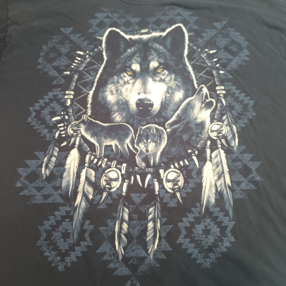 Vtg 90s Fruit Of The Loom Wolf Graphic Tee Shirt Mens 2XL Nature Aztec Native - Picture 3 of 8